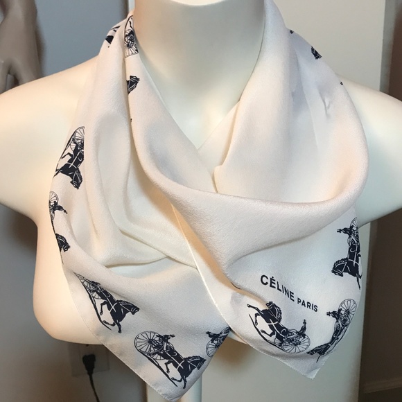 CELINE PARIS Horse Carriage Logo Silk Scarf White - Picture 6 of 7